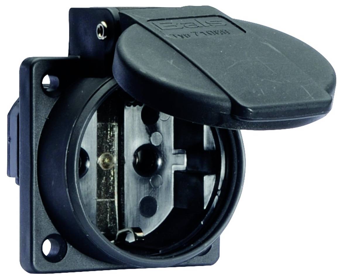 Eine schwarze runde Steckdose mit aufklappbarem Deckel, teilweise offen, zeigt drei Steckplätze im Inneren.