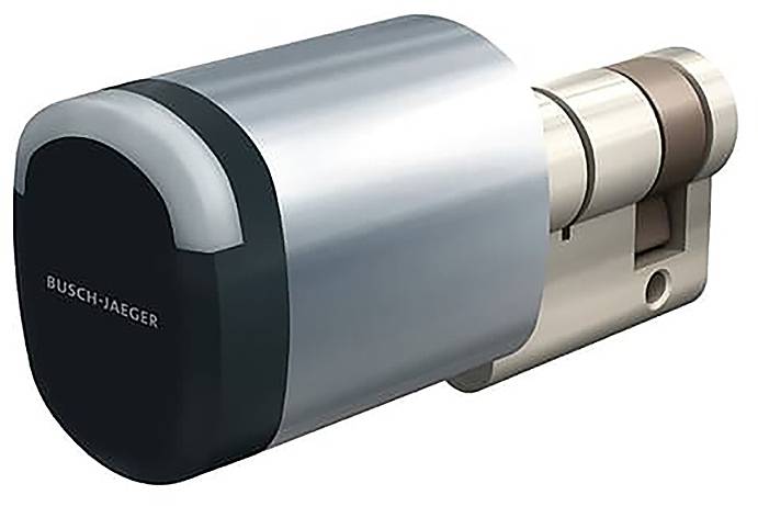 Ein Metallzylinder für Türschlösser mit einer elektronischen Komponente von Busch-Jaeger, verwendet für sichere Schließsysteme.