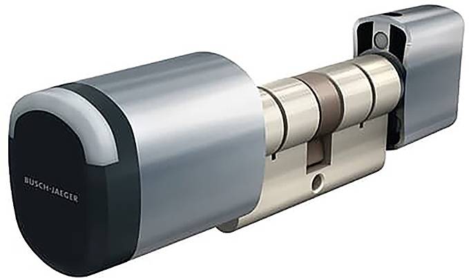 Ein zylindrisches elektronisches Türschloss mit metallischer Oberfläche, gekennzeichnet mit 'Busch-Jaeger', entwickelt zur Erhöhung der Sicherheit.