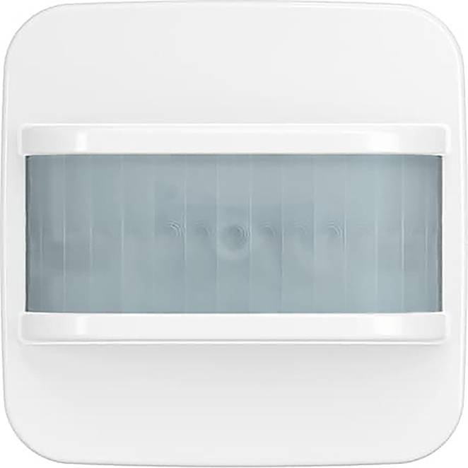 Ein weißer Bewegungsmelder mit rechteckigem Design und einer durchscheinenden Frontabdeckung, wahrscheinlich zur Erfassung von Bewegungen in einem Raum.