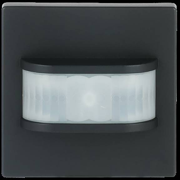 Ein quadratischer schwarzer Bewegungsmelder mit einer gekrümmten, durchscheinenden weißen Erkennungslinse in der Mitte.