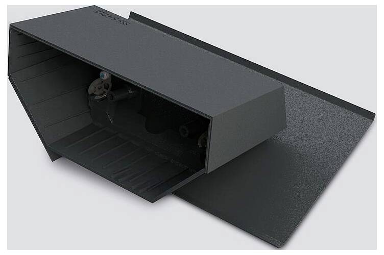 Eine weiß und grau gefärbte wandmontierte Halterung mit einer Schraube zur Befestigung. Entwickelt, um ein zylindrisches Objekt sicher an Ort und Stelle zu halten.