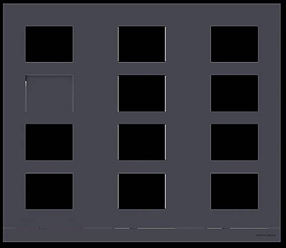 Ein dunkles Gitter mit zwölf quadratischen Aussparungen; eine Aussparung ist teilweise von einer grauen Schicht verdeckt, die sie hervorhebt.