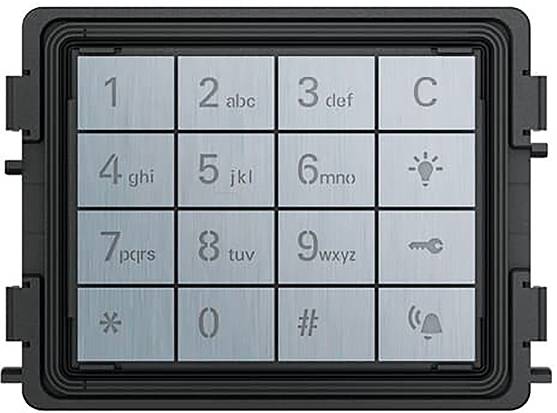 Eine Tastatur mit den Ziffern 0-9, Buchstaben und Symbolen einschließlich #, C, einer Glühbirne, einem Schlüssel und einer Glocke, die auf vielfältige Verwendung hindeutet.