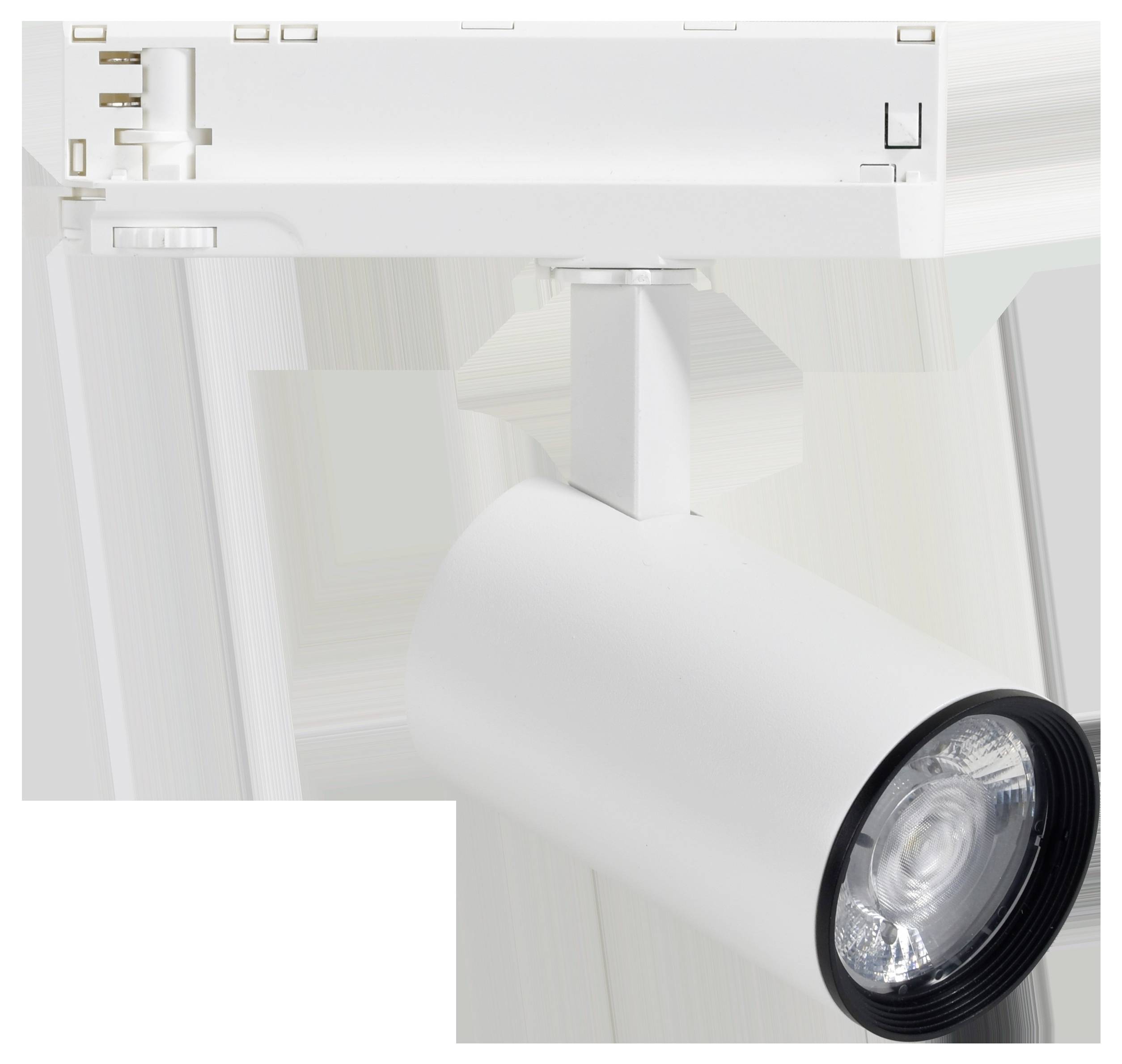 Deckenmontierte weiße LED-Spotleuchte mit verstellbarem Neigungswinkel.