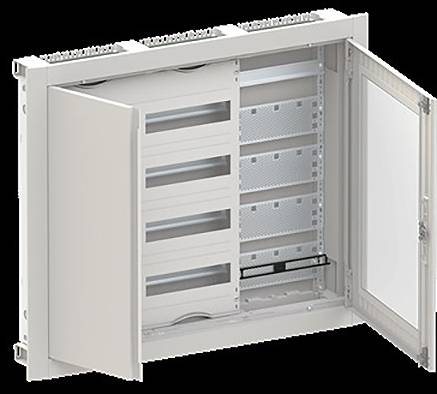 Schaltschrank mit vertikal gestapelten blauen und grauen Modulen, mit mehreren Schaltern und Verdrahtungsverbindungen.