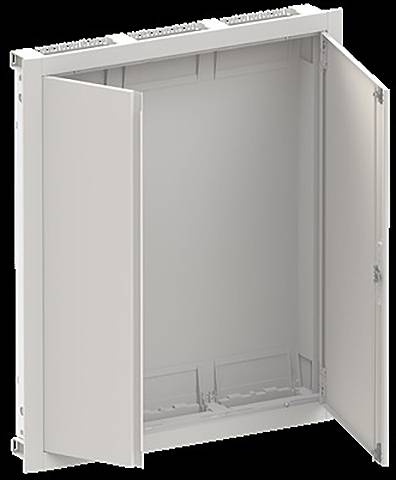 Ein leerer beiger Metallschrank mit doppelten, offenen Türen.