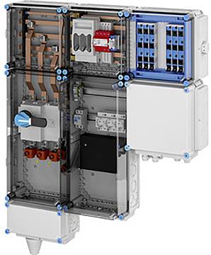 Elektroverteiler mit transparenter Abdeckung, die interne Komponenten zeigt, einschließlich Schalter, Sicherungen und Verdrahtung.