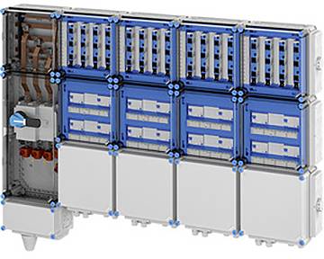Modulares Elektroverteilerpanel mit blauen und grauen Abschnitten, ausgestattet mit Leitungsschutzschaltern und Schaltern für die Stromverteilungsverwaltung.
