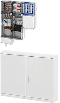 Ein Elektroschrank mit seiner Vorderansicht, die die interne Verkabelung und Komponenten zeigt, und eine geschlossene Ansicht darunter, die sein äußeres Design anzeigt.