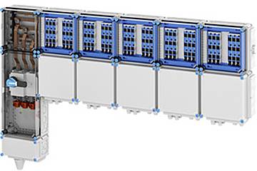 Elektrisches Steuerpult mit einer Serie von blauweißen Modulen, bestehend aus verschiedenen Steckverbindern und einem Hebel auf der linken Seite.
