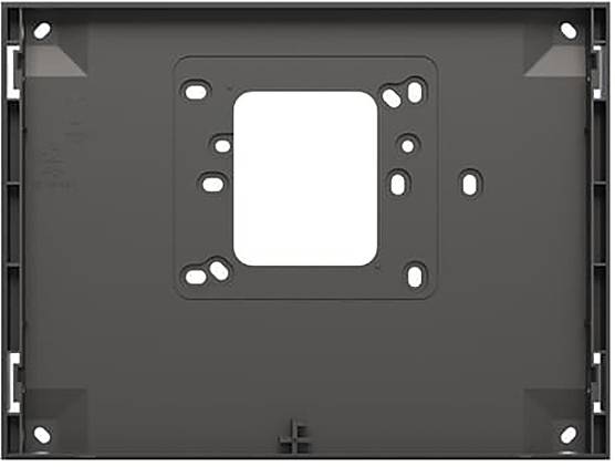Ein flaches, rechteckiges schwarzes Kunststoffgehäuse mit mehreren Löchern und Aussparungen, wahrscheinlich zur Montage oder Befestigung elektronischer Geräte verwendet.