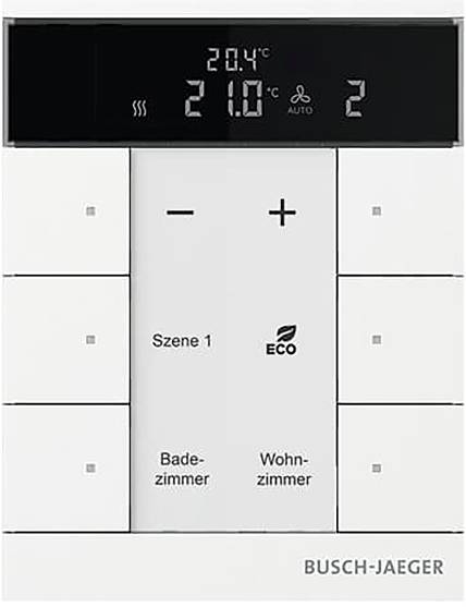 Digitales Thermostat zeigt '21.0°C' an mit Einstellungen für 'Badezimmer' und 'Wohnzimmer' und Tasten zum Erhöhen oder Senken der Temperatur.