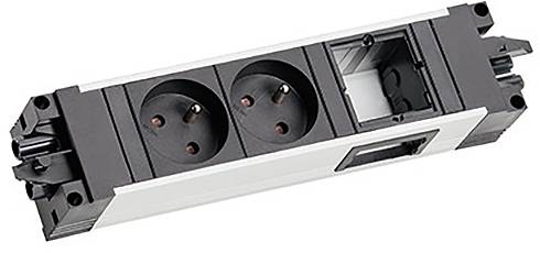 Eine rechteckige Steckdosenleiste mit zwei europäischen Steckdosen und einem modularen Slot für Netzwerk- oder Telefonverbindungen.