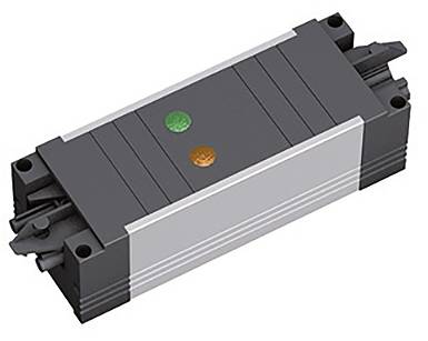 Rechteckige elektronische Komponente mit einem dunkelgrauen Gehäuse und zwei farbigen Indikatoren: einer grünen und einer orangefarbenen.