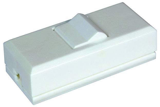 Ein weißer Kunststoff-Schiebeschalter auf rechteckiger Basis, typischerweise in Haushaltsanwendungen zur Steuerung von Geräten verwendet.