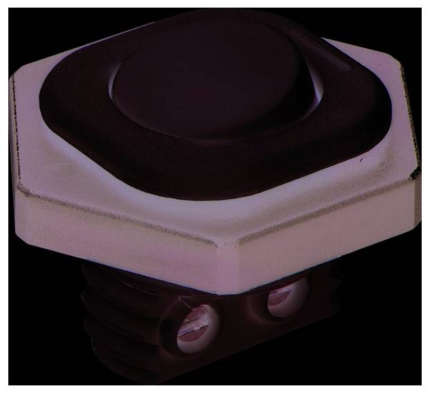 Ein schwarz-weißer sechseckiger Knopf mit einer flachen, quadratischen Basis und einer erhöhten Mitte, mit zwei Löchern am unteren Ende.