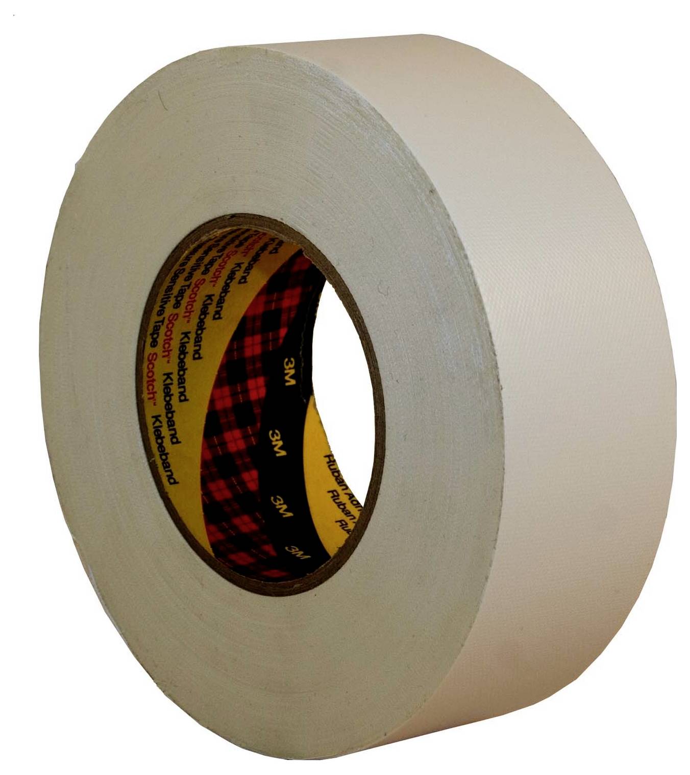 Eine Rolle weißes Klebeband auf neutralem Hintergrund mit sichtbarer gelb-rot karierter Innenseite, die mit Markeninformationen gekennzeichnet ist.