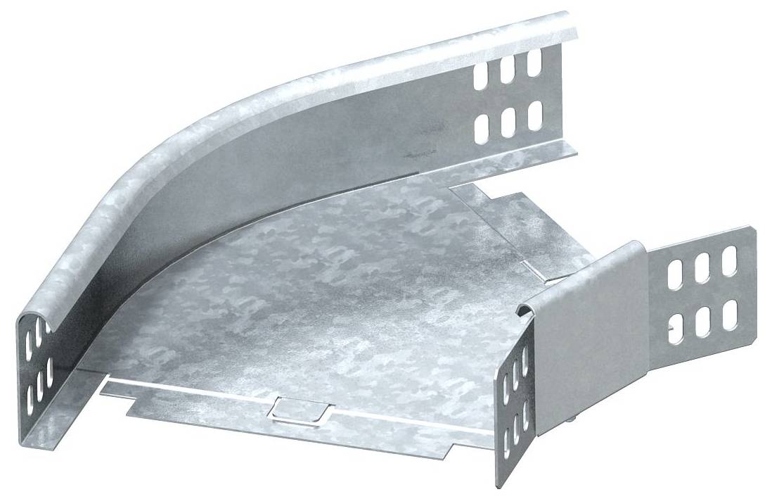 Ein verzinktes Stahlkabelrinnen-Winkelstück für die Kabelführung um 90-Grad-Ecken, mit mehreren Perforationen zur Belüftung.