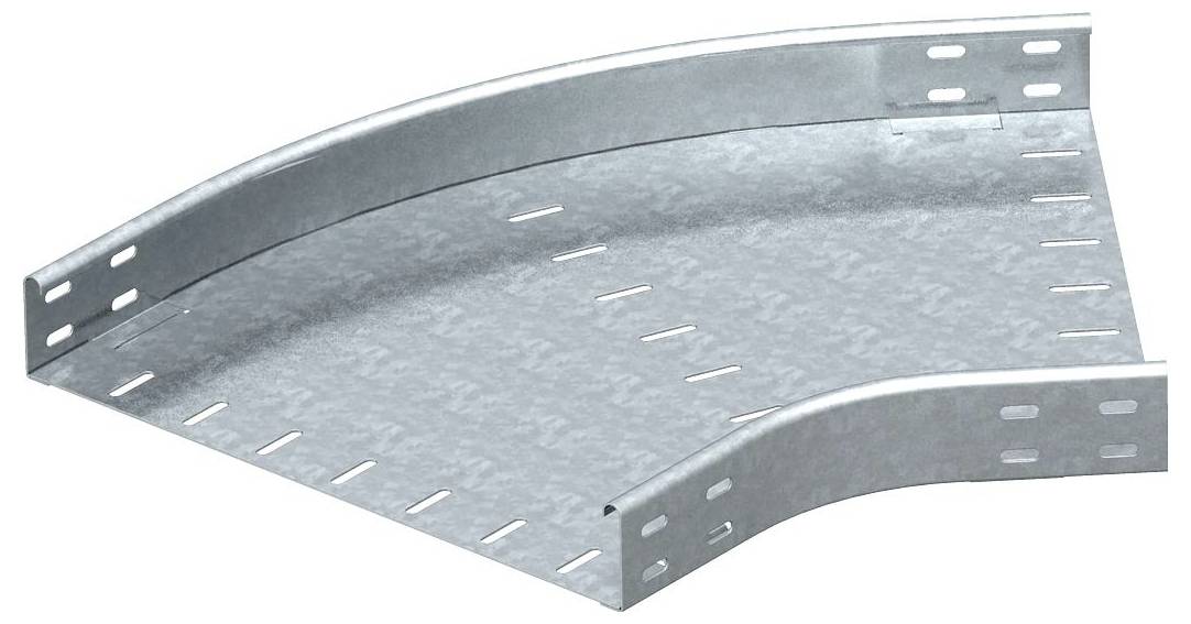 Metallische Kabelrinne mit Biegung aus Edelstahl, mit Perforationen für die Kabelführung, abgewinkelt zum Verlegen um Ecken herum.