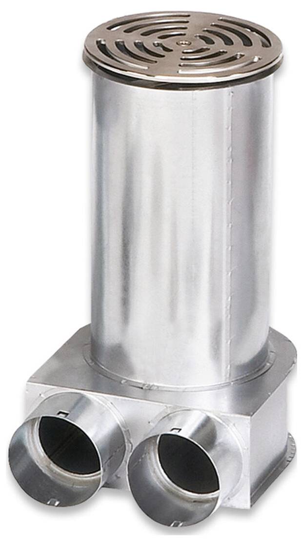 Metallische industrielle Rohrbeschlagnahme mit einer vertikalen zylindrischen Kappe und drei horizontalen Rohranschlüssen an der Basis.