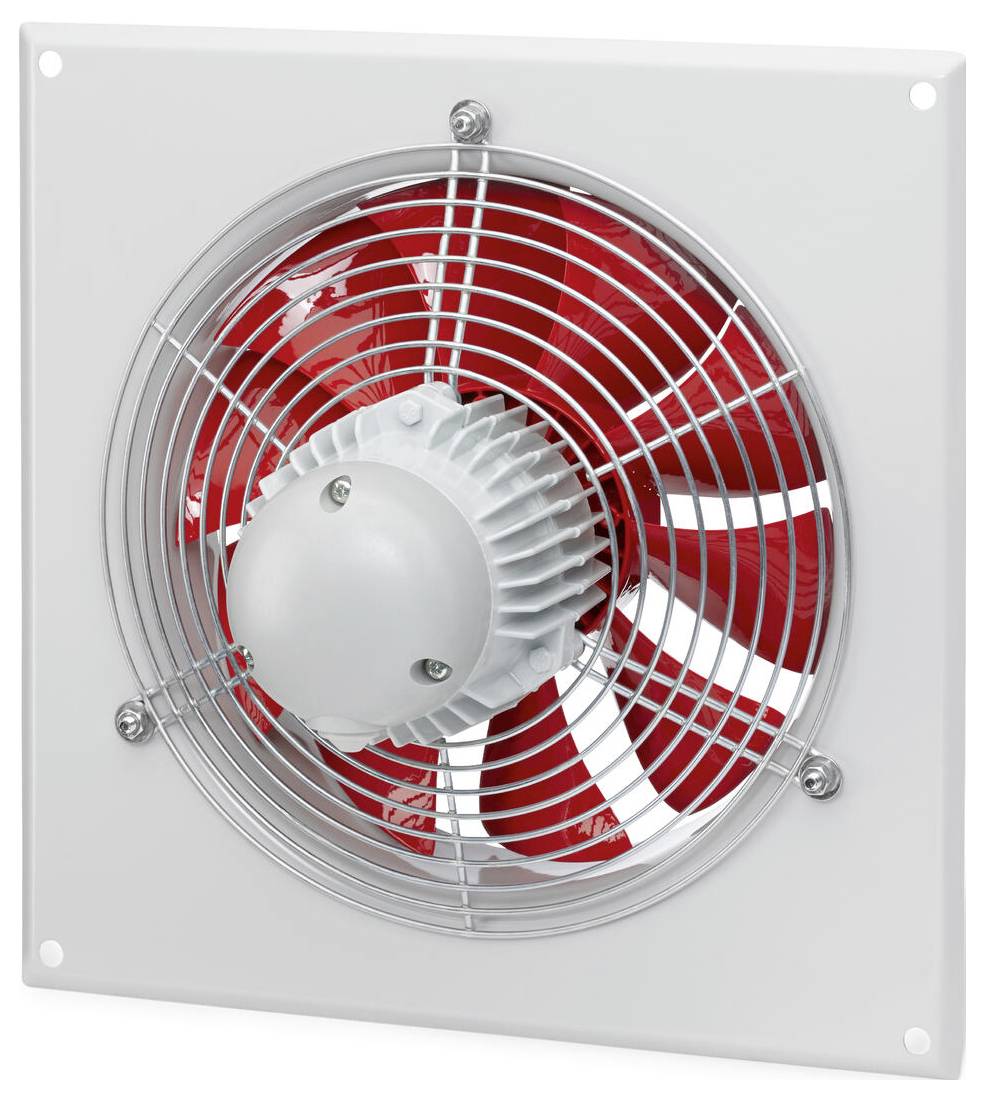 Ein Lüftungsventilator mit roten Blättern, der auf einer quadratischen Platte montiert ist, von einem kreisförmigen Metallgitter umgeben, konzipiert für die Installation an Wand oder Decke.