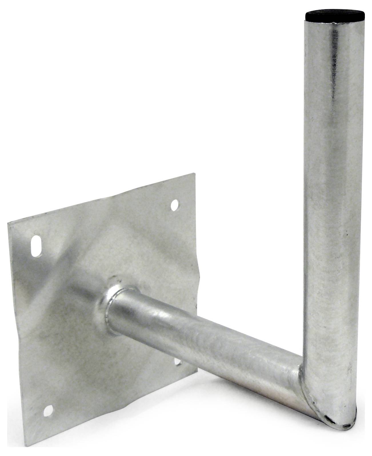 Eine silberfarbene Metallwandhalterung mit T-Form, die eine flache, quadratische Basis zum Befestigen an Oberflächen und einen vertikalen Ständer zur Unterstützung aufweist.