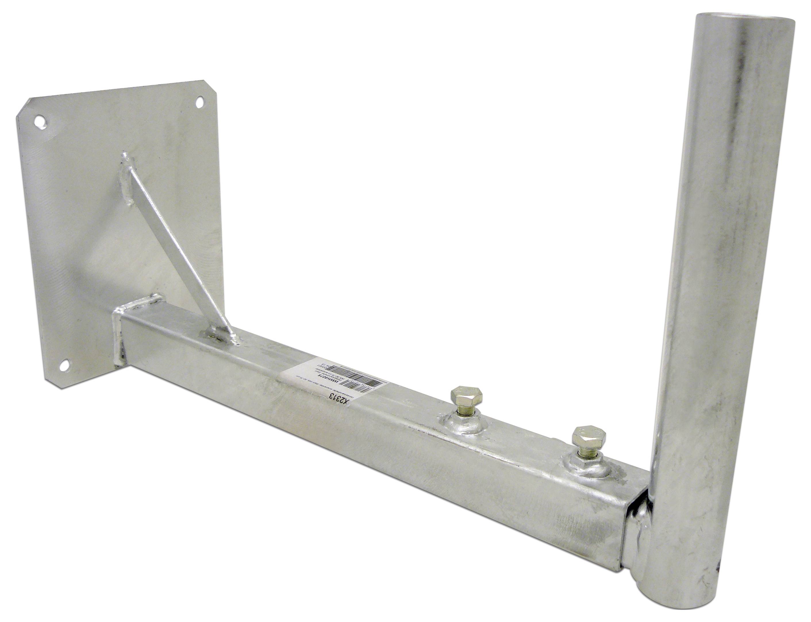 Eine Metallwandmontageklammer mit quadratischer Basis und zylindrischer Verlängerung, die zur Unterstützung von Antennen oder ähnlicher Ausrüstung konzipiert ist.