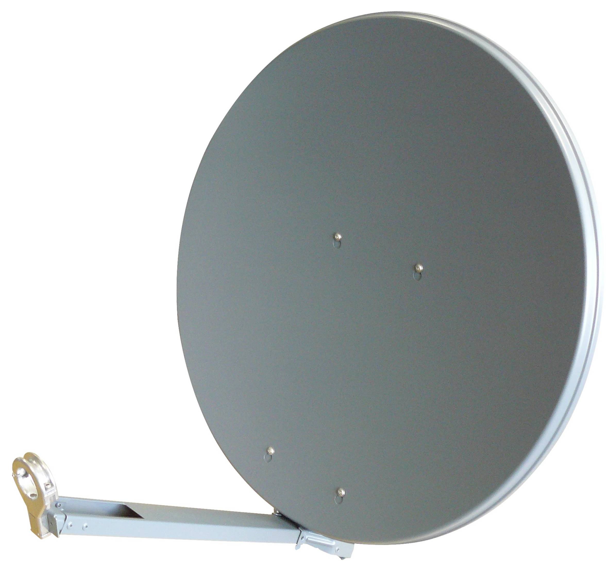 Eine große Satellitenschüssel mit einem Metallarm, der sich von der Basis erstreckt. Keine Markennamen oder zusätzliche Details sichtbar.