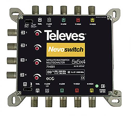Satellitenumschalter mit mehreren Ein-/Ausgängen für die Signalverteilung. Marke: Televes Nevoswitch, Modell 714501.
