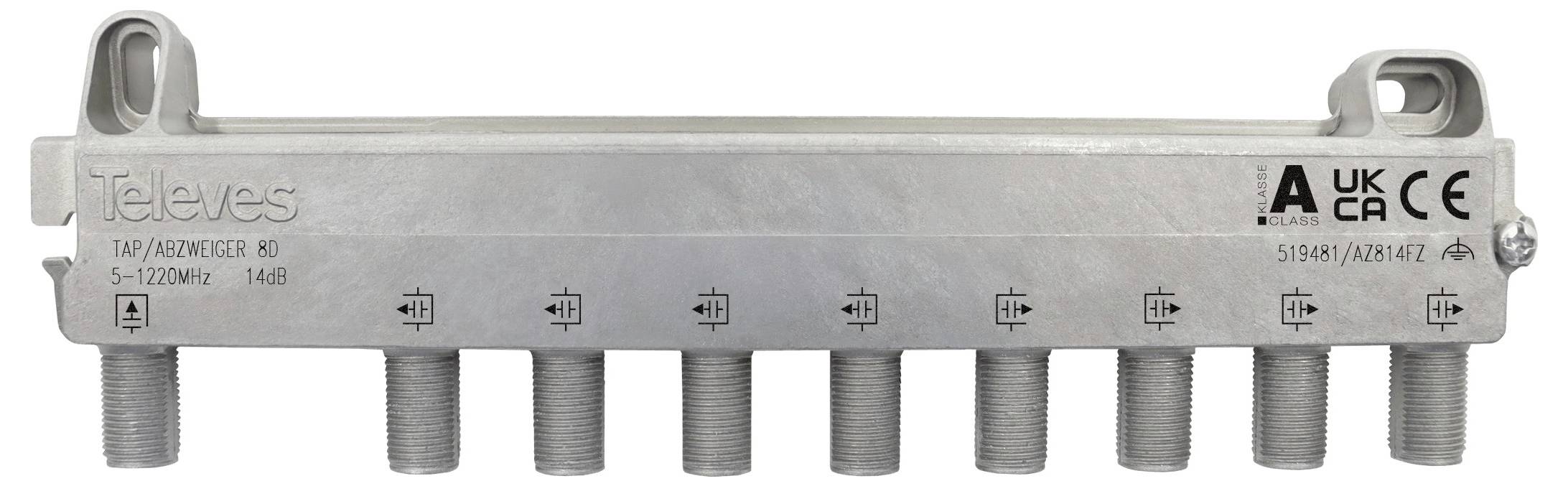 Eine silberfarbene metallische elektronische Komponente mit acht koaxialen Kabelsteckverbindern, beschriftet mit 