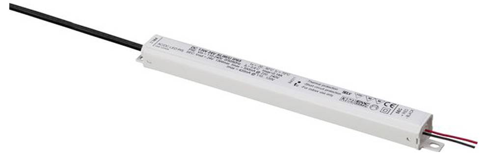 Ein rechteckiges LED-Netzteil mit weißem Gehäuse, schwarzem Eingangskabel und drei farbigen Ausgangskabeln. Text und Spezifikationen sind auf der Oberseite aufgedruckt.