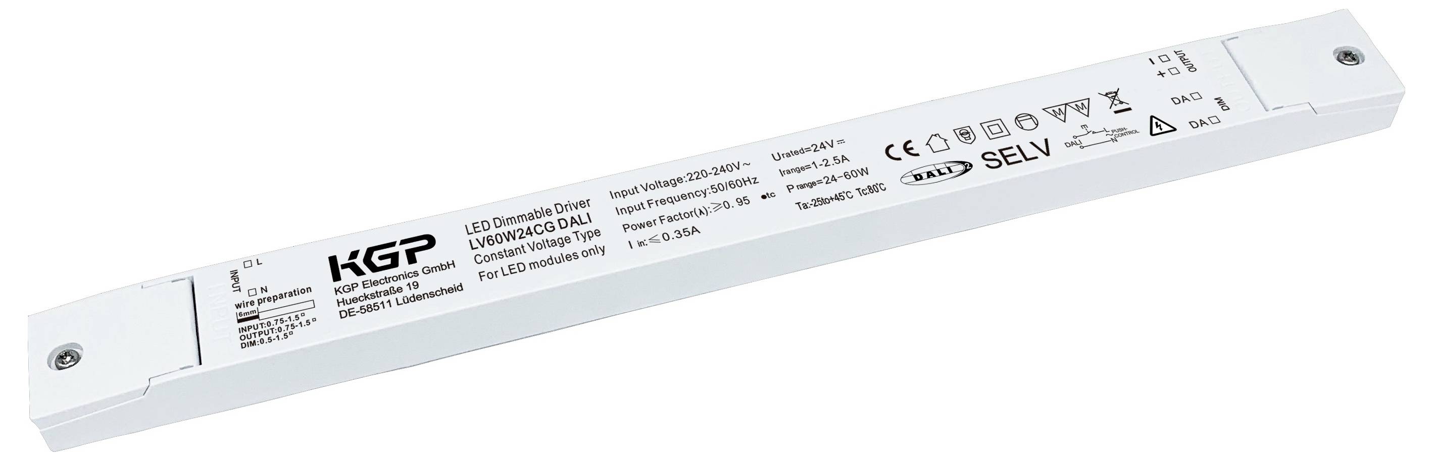 KGP LED-Dimmer-Treiber mit technischen Spezifikationen und Zertifizierungen auf dem Gehäuse angezeigt, wird zur Steuerung von LED-Beleuchtung verwendet.