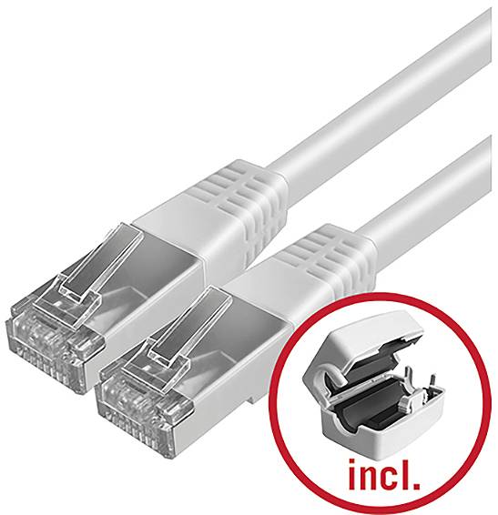Zwei graue Ethernet-Kabel mit Clipmechanismen; inklusive Schutzkappen, die in einem roten Kreis hervorgehoben sind.