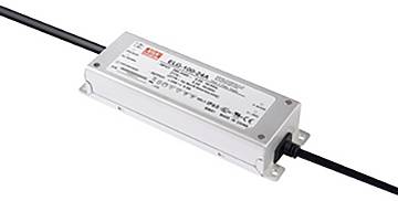 Eine rechteckige LED-Stromversorgungseinheit mit Ein- und Ausgangskabeln. Das Etikett zeigt Spezifikationen einschließlich Modell und elektrische Bewertungen.