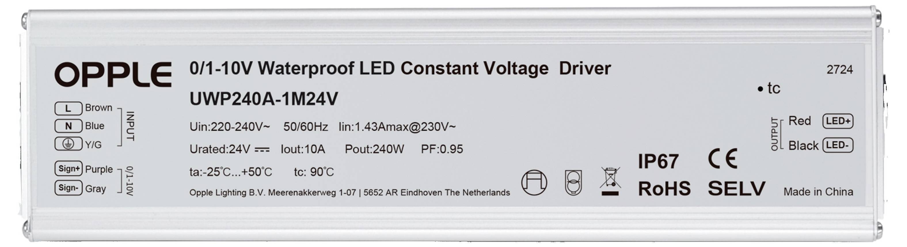 OPPLE 0/1-10V wasserdichtes LED-Konstantspannungsnetzteil, Modell UWP240A-1M24V. Eingang: 220-240V, Ausgang: 24V, Leistung: 240W. IP67, RoHS, SELV konform.