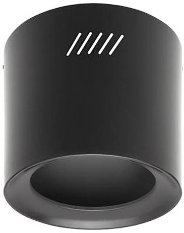 Eine schwarze zylindrische Deckenleuchte mit diagonalen Schlitzen im oberen Bereich, entworfen für moderne Innenraumbeleuchtung.