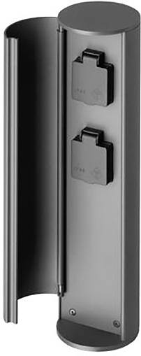 Ein vertikales tragbares Stromversorgungsständer für den Außenbereich mit zwei abgedeckten Steckdosen, konstruiert für die Verwendung im Freien und bietet Zugang zu elektrischer Energie außerhalb.