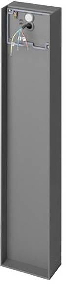 Ein hohes, rechteckiges, graues Metallpfosten mit freiliegenden Drähten an der Oberseite, möglicherweise für Elektro- oder Elektronikinstallationszwecke.