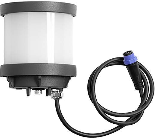 Eine zylindrische LED-Leuchte mit Schutzabdeckung und angebrachtem Kabel mit blauem Stecker, verwendet für die Außen-Industriebeleuchtung.