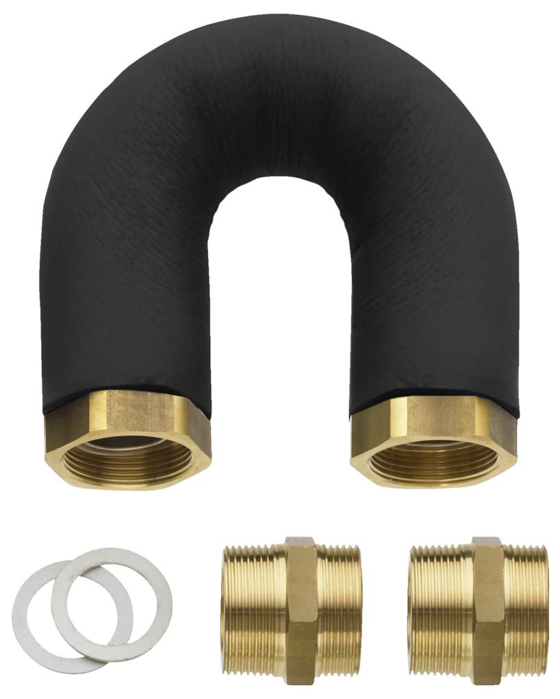 Eine Messing-U-Rohrbiegung mit Isolierbelag wird zusammen mit zwei Gewindeanschlüssen und zwei Dichtungswascher gezeigt, wahrscheinlich für Rohrleitungsverbindungen.