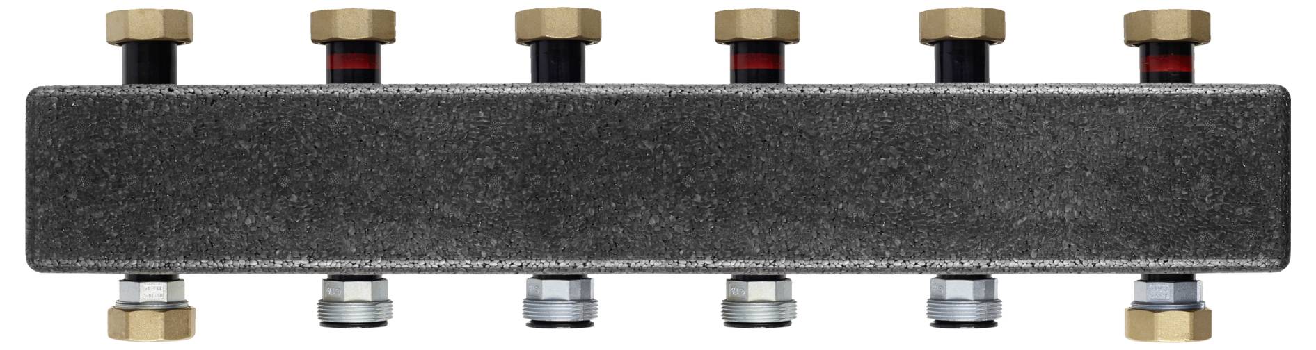Ein schwarzer Verteilerblock mit sechs Messingarmaturen, die gleichmäßig oben und unten angebracht sind, wird zur Verteilung von Flüssigkeit oder Gas verwendet.