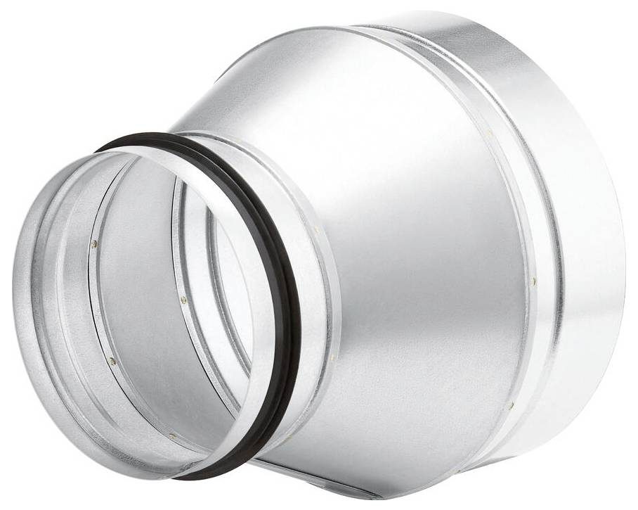 Ein unter einem Winkel gezeigtes Metallbelüftungsrohr-Reduzierstück, das seine kreisförmige Form und Verbindungsenden zeigt, das zur Anpassung der Rohrgröße verwendet wird.