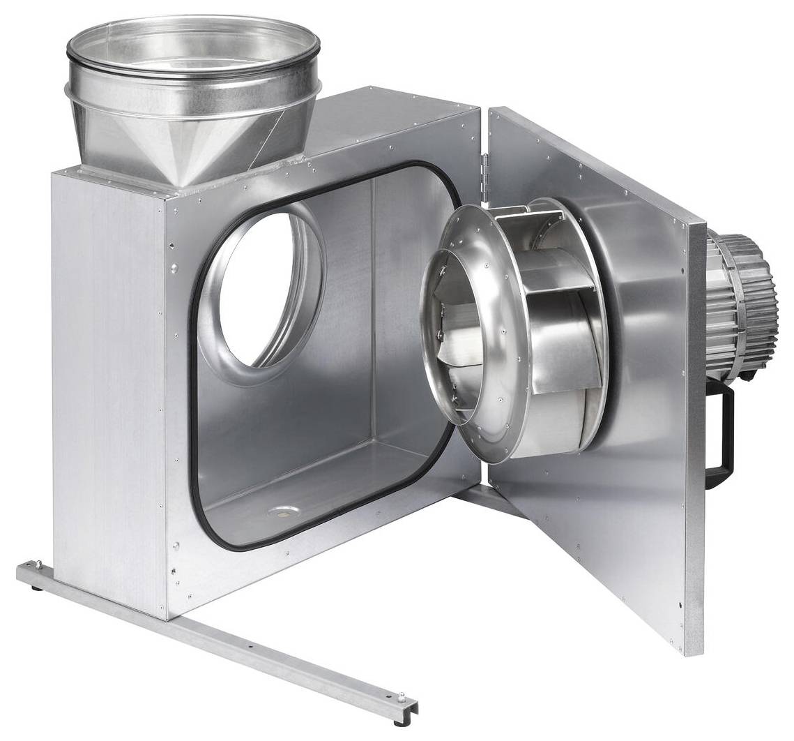 Offene Metalllüftungseinheit für Belüftung mit sichtbarem internen Ventilator und Motor.