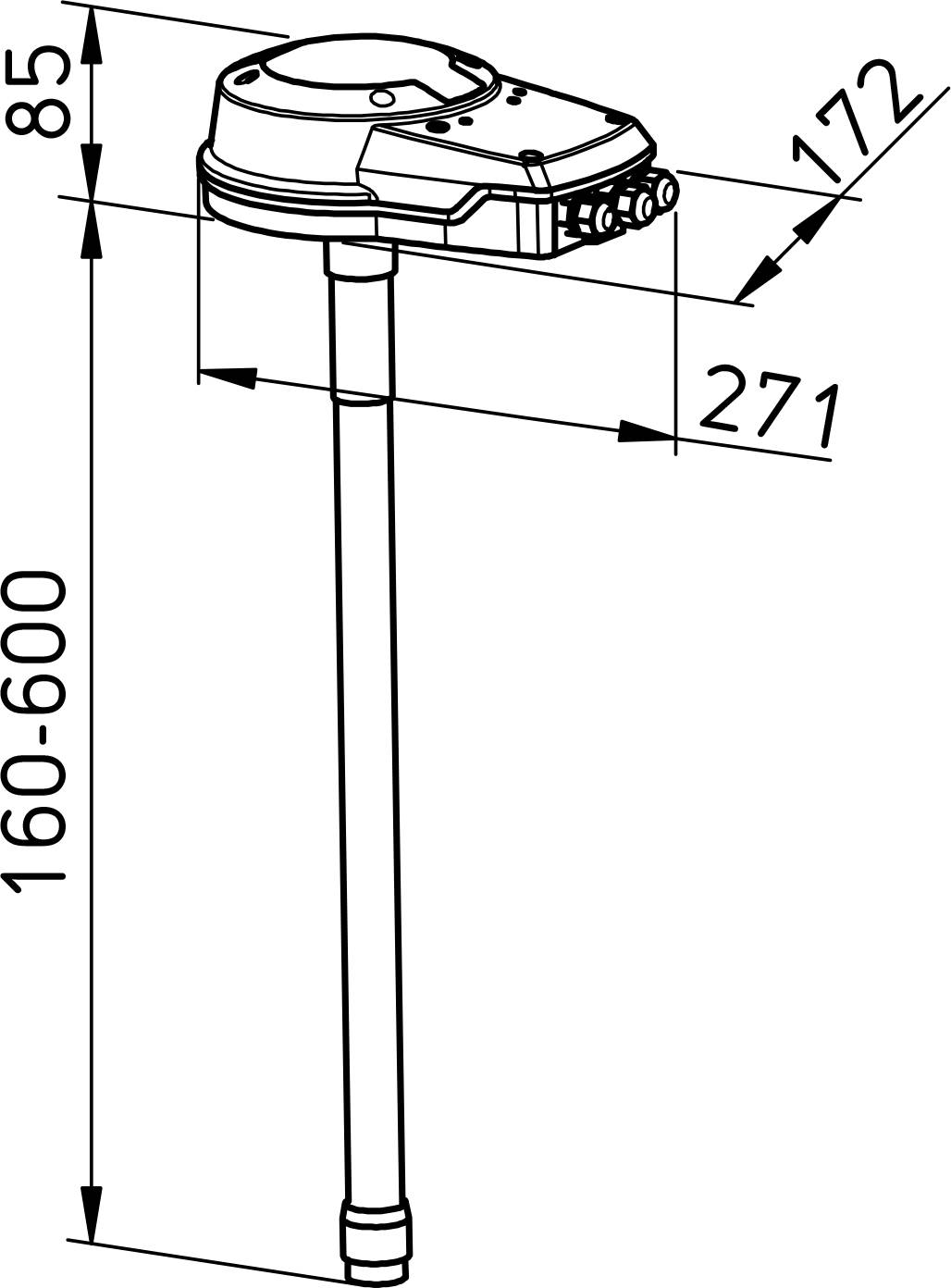 Technische Maßzeichnung eines langen, auf einem Pfosten montierten Geräts mit oberer Einheit; zeigt Abmessungen 85, 172, 271 und Höhe 160-600 mm.