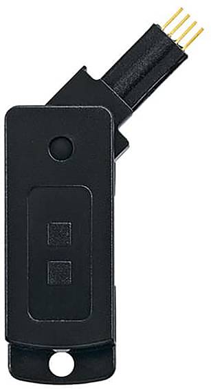 Ein schwarzes elektronisches Gerät mit rechteckigem Gehäuse und einer Reihe freiliegender vergoldeter Stifte oben, wahrscheinlich zur Konnektivität oder Datenübertragung verwendet.