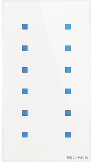 Ein weißes rechteckiges Schaltfeld mit drei vertikalen Reihen von blauen quadratischen Schaltflächen.