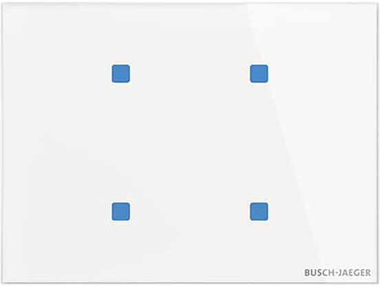 Ein weißes, berührungsempfindliches Schalter-Panel mit vier blauen quadratischen Tasten, entworfen von Busch-Jaeger.