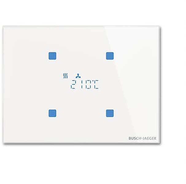 Ein digitales Thermostat-Display zeigt eine Temperatur von 21°C mit aktivem Heizmodus und verfügt über berührungsempfindliche Steuertasten.