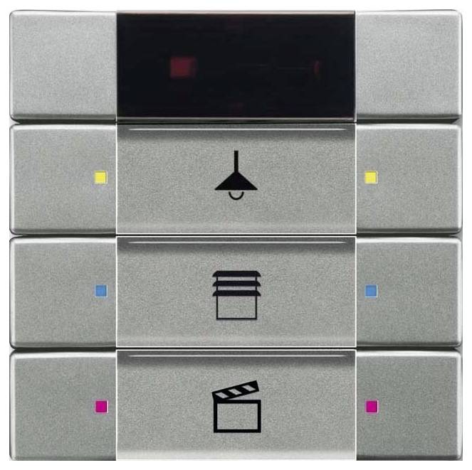 Ein Panel mit vier Schaltflächen, jede mit einem unterschiedlichen Symbol: eine Lampe, Papierschichten, ein Textfeld und eine Filmklappe, jeweils mit farbigen Punkten.